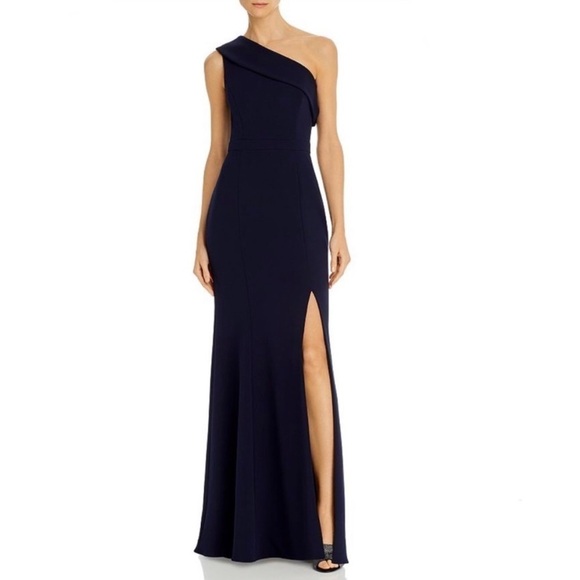 AQUA One-shoulder Scuba Crepe Navy Blue Gown - Picture 1 of 10